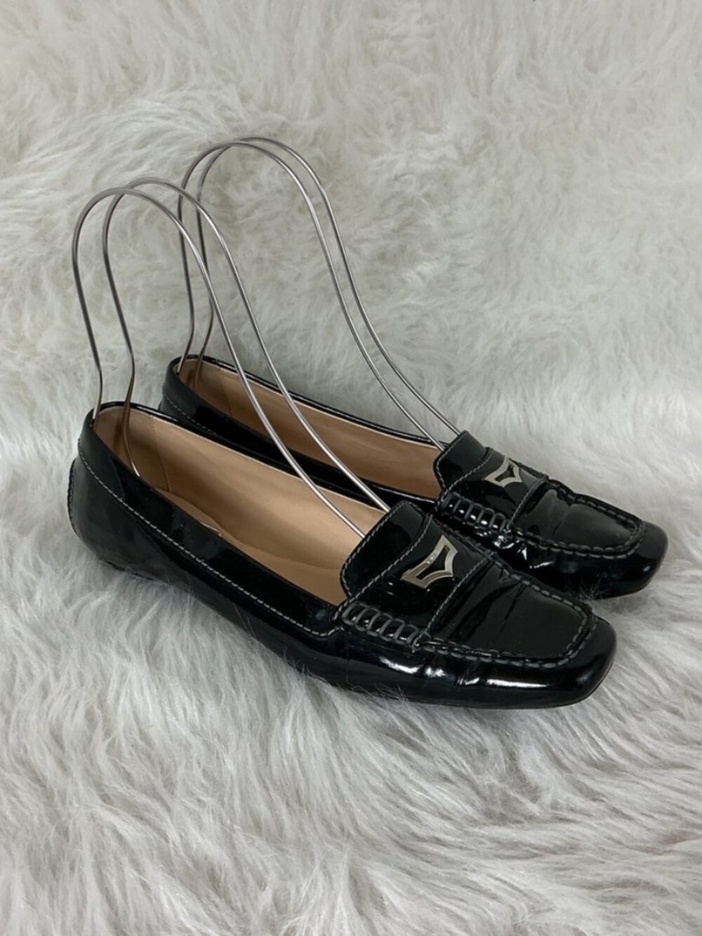 Tod's Black Patent Leather Silver Tone Metal Plaque Square Toe Penny Loafer 7